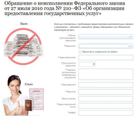 Форма для Обращения о неисполнении Федерального закона от 27 июля 2010 года № 210–ФЗ на портале 210.gosuslugi.ru
